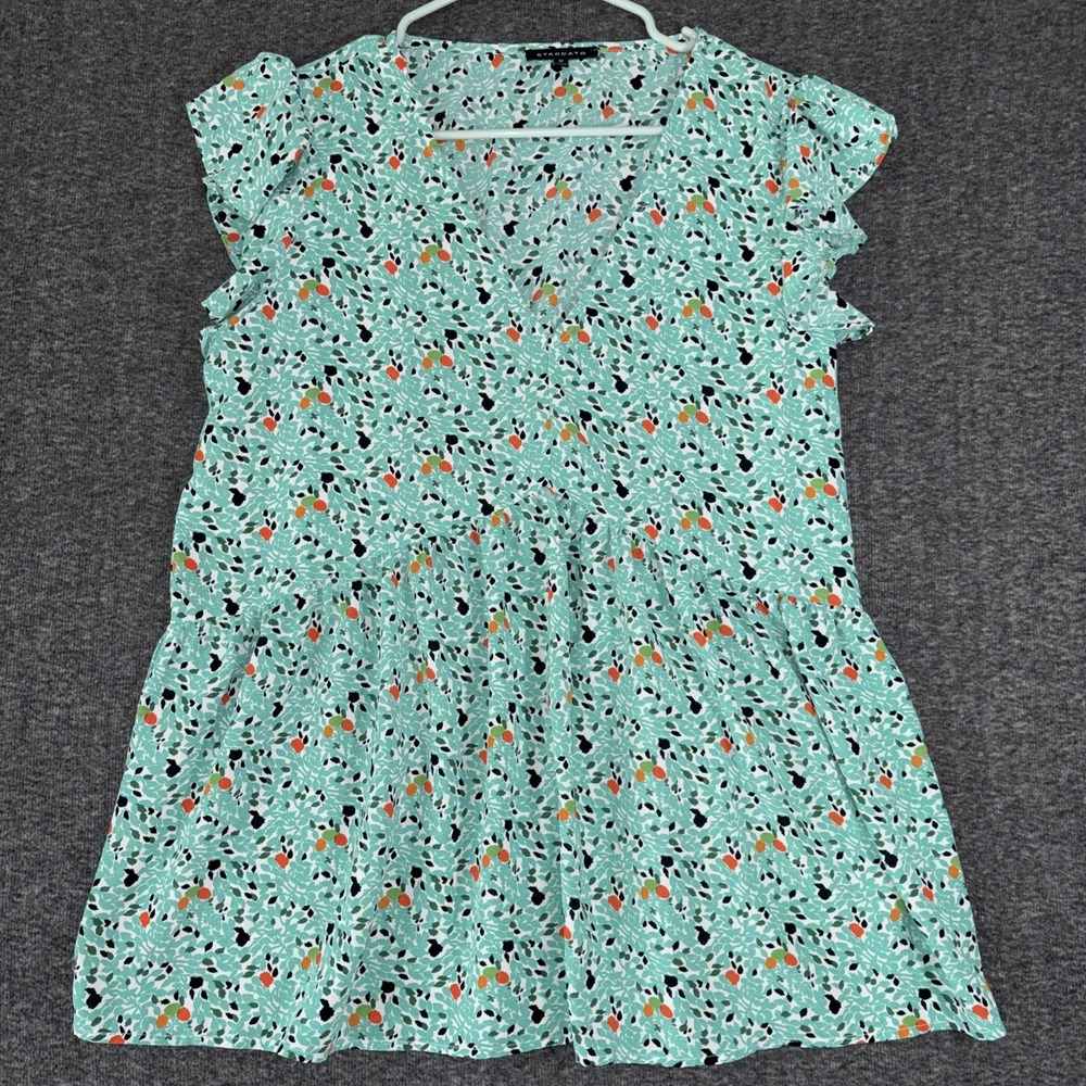 Staccato Light Green Floral Print Flutter Cap Sleeve V-Neck Top Shirt Sz Medium